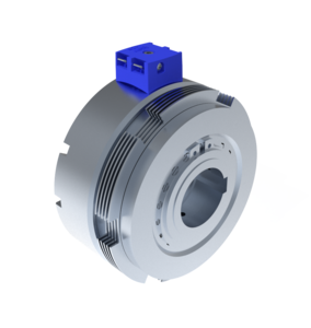 3D-Modell eines grauen, runden mechanischen Bauteils mit blauer elektrischer Anschlussbox obenauf.