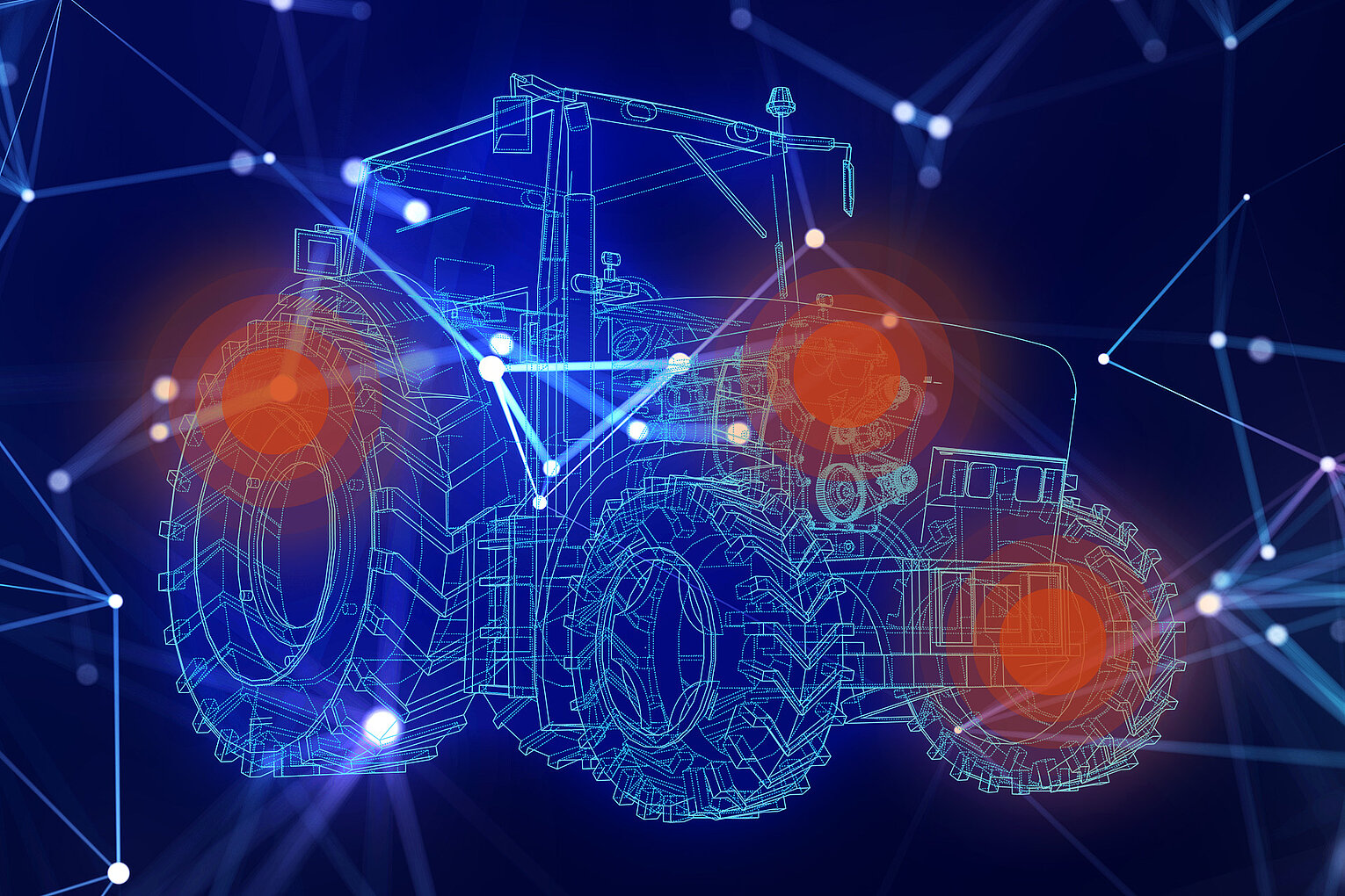 Drahtgittermodell eines Traktors mit hervorgehobenen, roten Verbindungspunkten auf blauem, digitalem Hintergrund und Netzwerkverbindungen.
