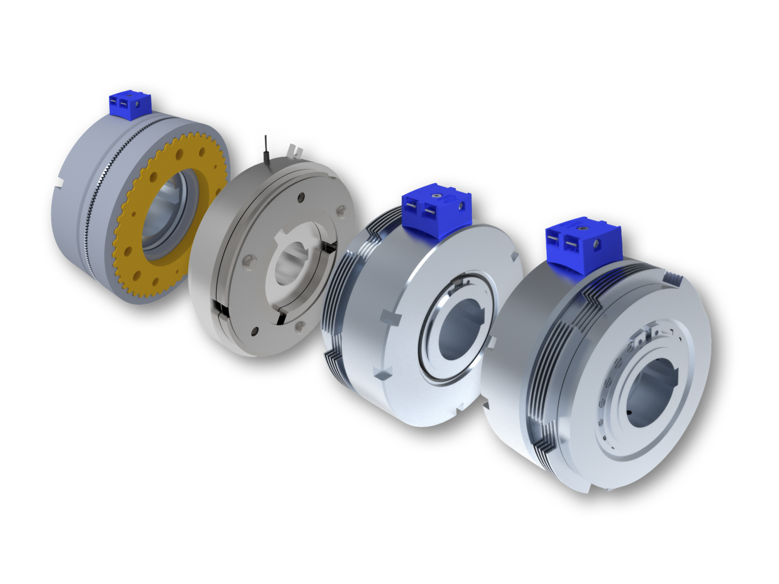 Vier verschiedene runde industrielle Mess- oder Steuergeräte aus Metall mit blauen Anschlussteilen, angeordnet in einer Reihe auf dunklem Hintergrund.