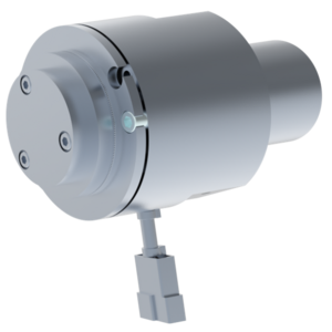 Nahaufnahme eines zylindrischen technischen Bauteils aus Metall mit mehreren Schrauben und einem daran befestigten Steckverbinder.