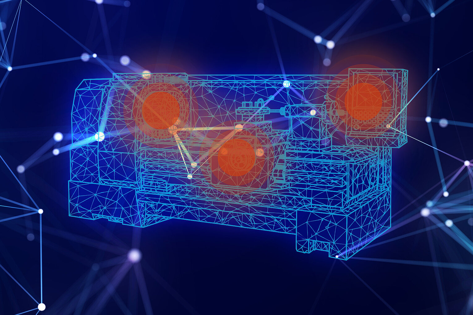 Drahtgittermodell einer Maschine mit hervorgehobenen roten Kreisen vor einem Hintergrund aus vernetzten leuchtenden Punkten und Linien, die digitale Vernetzung und Technologie symbolisieren.