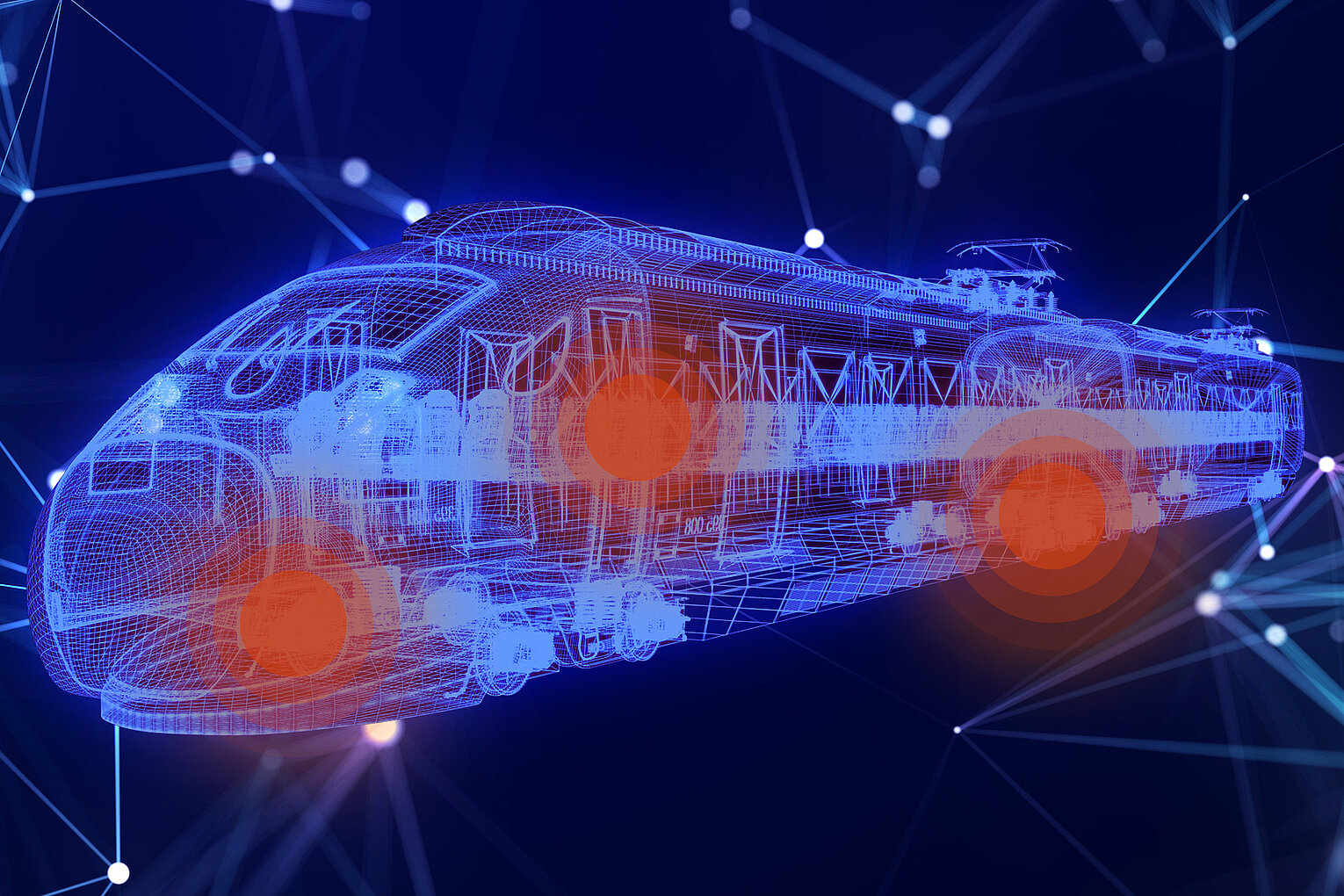 Drahtgittermodell eines modernen Hochgeschwindigkeitszugs in Blau mit drei hervorgehobenen roten Punkten, umgeben von einem digitalen Netzwerk auf dunklem Hintergrund.