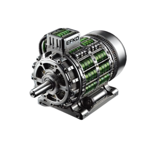 Ein detailreiches 3D-Modell eines Elektromotors mit sichtbaren grünen Komponenten, gekennzeichnet mit dem Schriftzug „EFKO“.