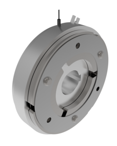 3D-Darstellung einer runden Metallkupplung mit zentralem Innenloch, mehreren Schrauben und einem kleinen Anschluss an der Außenseite.