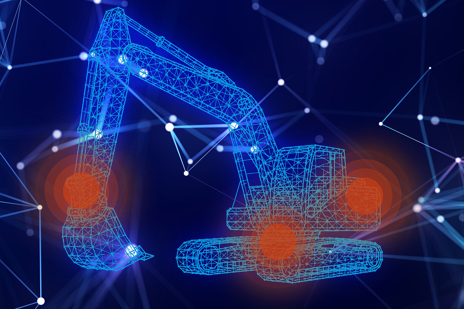 Drahtgittermodell eines Bagger-Armbaus in Blau, eingebettet in ein Netzwerk aus leuchtenden Punkten und Linien, mit drei rot markierten Stellen auf dem Baggerarm und Fahrgestell.