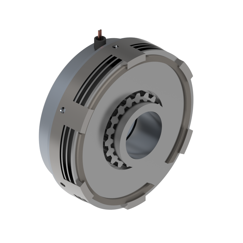 3D-Rendering eines kreisförmigen mechanischen Bauteils mit Rillen und Zahnrädern, möglicherweise ein Teil eines Motors oder Getriebes.