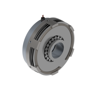 3D-Rendering eines kreisförmigen mechanischen Bauteils mit Rillen und Zahnrädern, möglicherweise ein Teil eines Motors oder Getriebes.