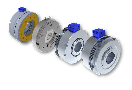 Explosionsdarstellung eines runden, metallischen elektromechanischen Bauteils mit blauen Anschlussmodulen, in mehreren auseinandergezogenen Einzelteilen gezeigt.