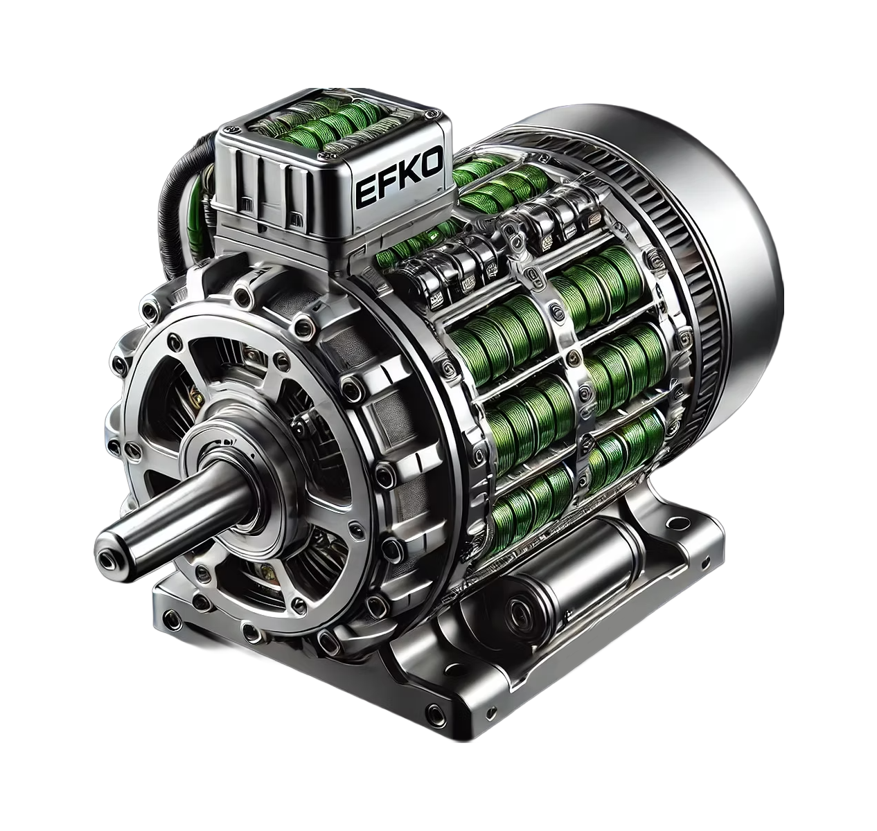 3D-Darstellung eines integrierten Elektromotors mit grünen Spulen und Metallgehäuse, beschriftet mit „EFKO“.