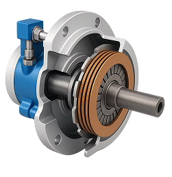 Querschnitt eines elektromechanischen Rotationsantriebs mit sichtbar gewickelten Spulen, Anker und Welle, dargestellt in technischer Illustrationsart.
