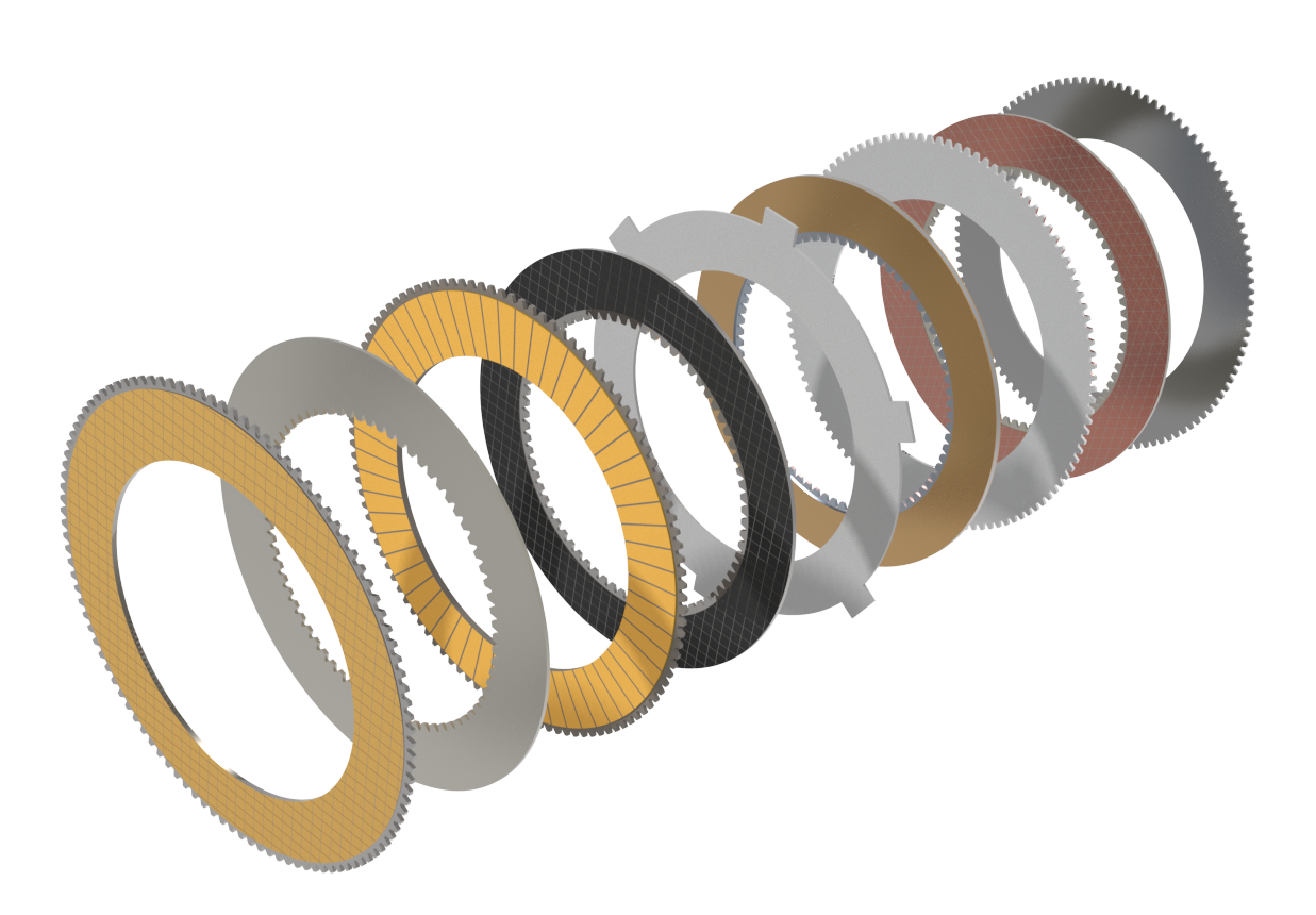 Detaillierte technische Illustration mehrerer übereinander angeordneter Dichtungs- oder Filterringe in unterschiedlichen Materialien und Farben.
