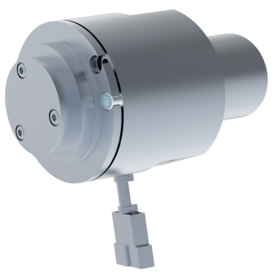 Nahaufnahme eines zylindrischen technischen Bauteils aus Metall mit mehreren Schrauben und einem daran befestigten Steckverbinder.