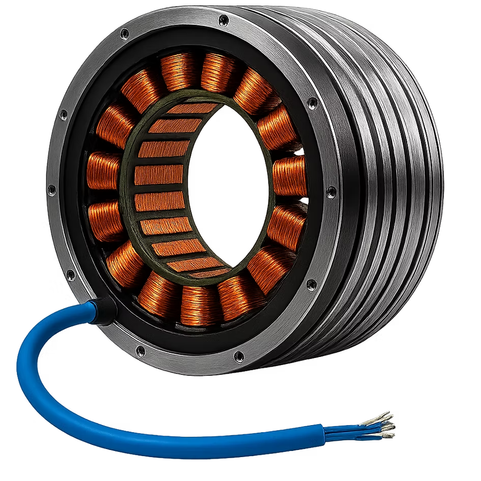 Nahaufnahme eines zylindrischen Elektromotors mit Kupferwicklungen und einem blauen Anschlusskabel.